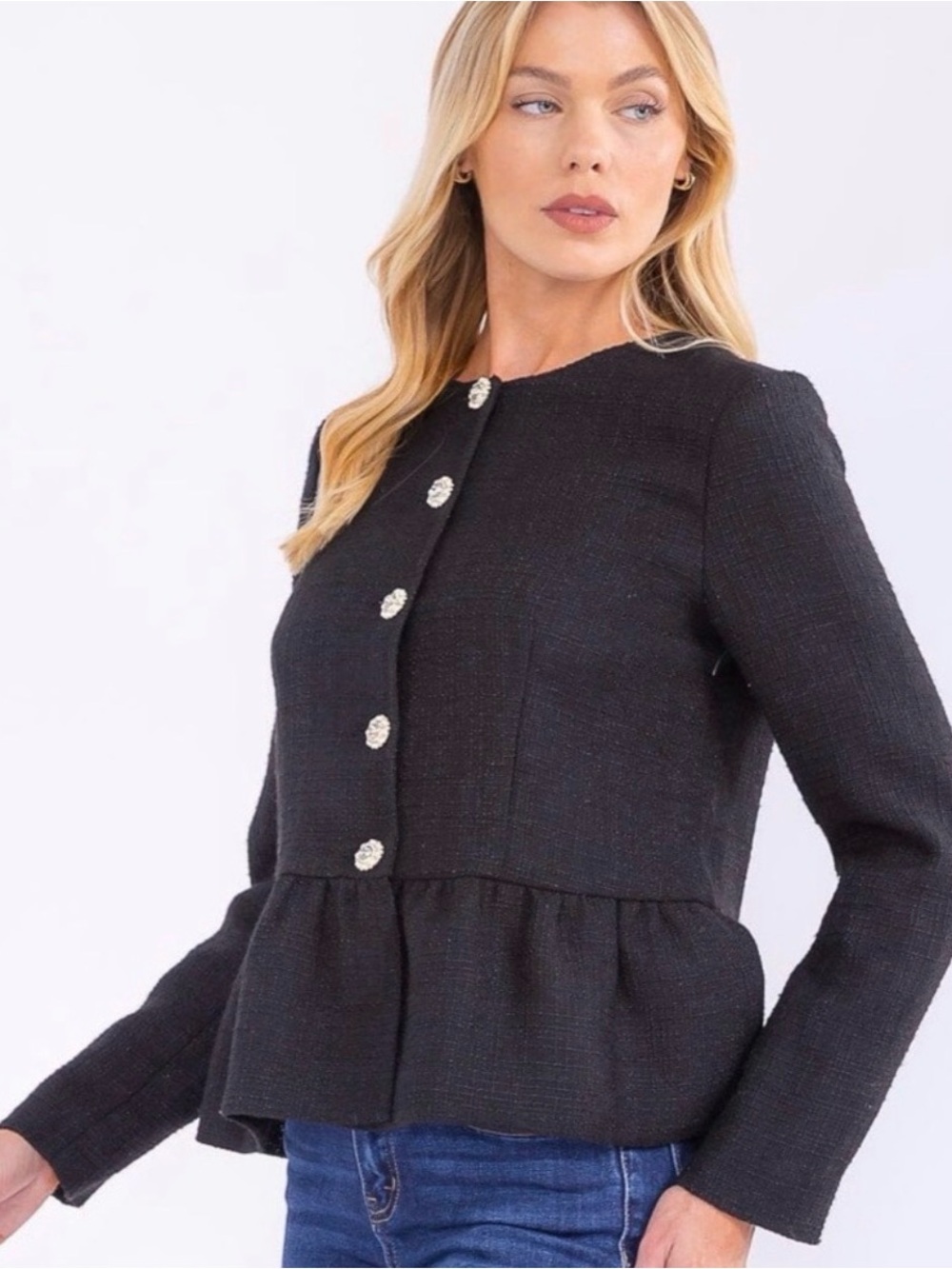 Elegant Black Peplum Tweed Jacket New - Picture 3 of 8